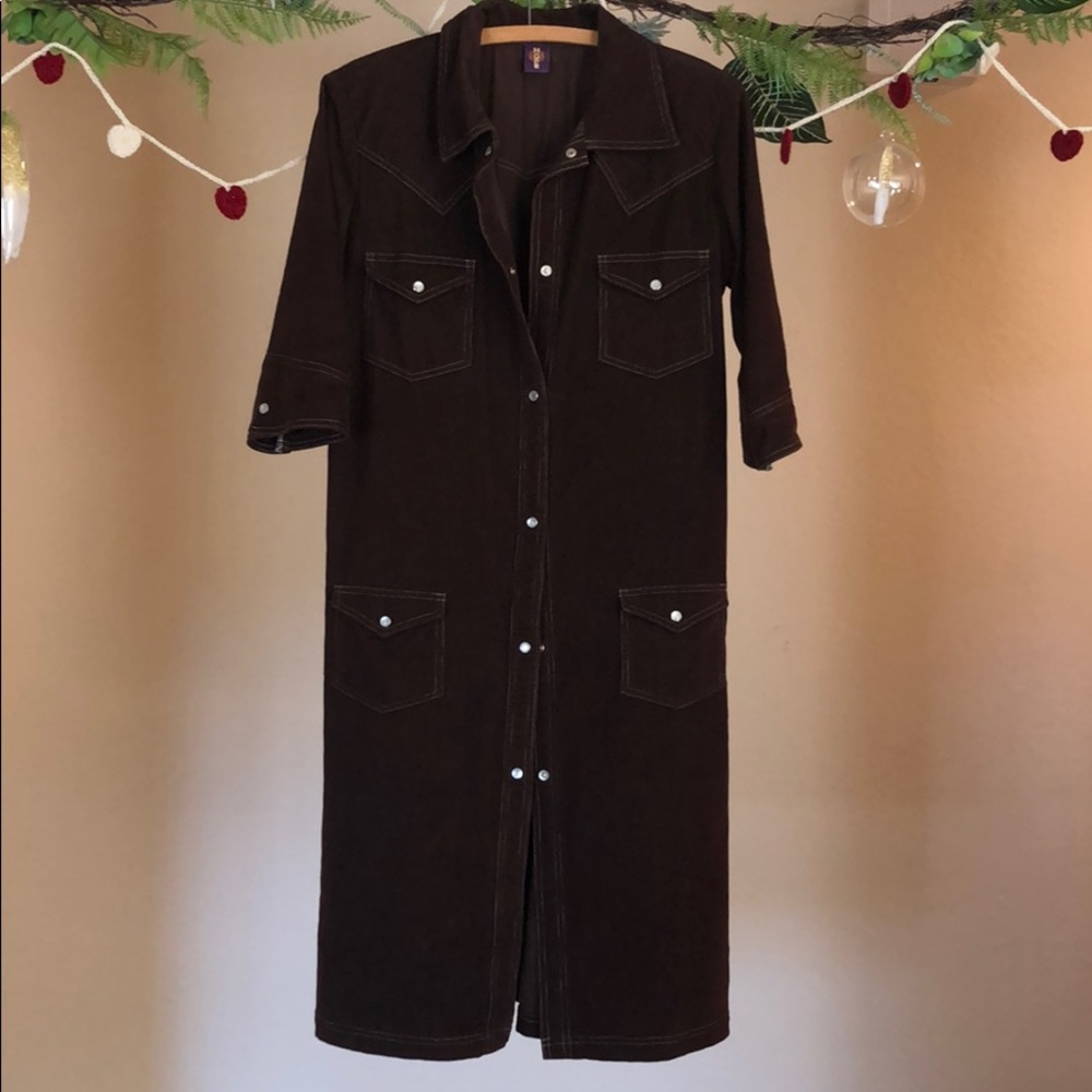 Women's Long Dark Brown Snap-Front Shirt Dress